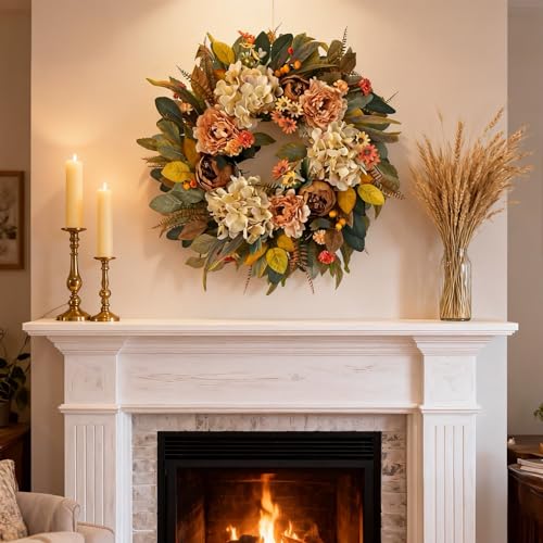 HipTree 24-Inch Fall Hydrangea and Peony Wreath - Creamy Variation 09