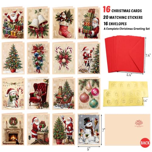 Retro Christmas Greeting Cards Set of 16 Vintage Oil Painting Style - Holiday Holiday Cards with Envelopes & Stickers - Tlenpo Retro Christmas / 16