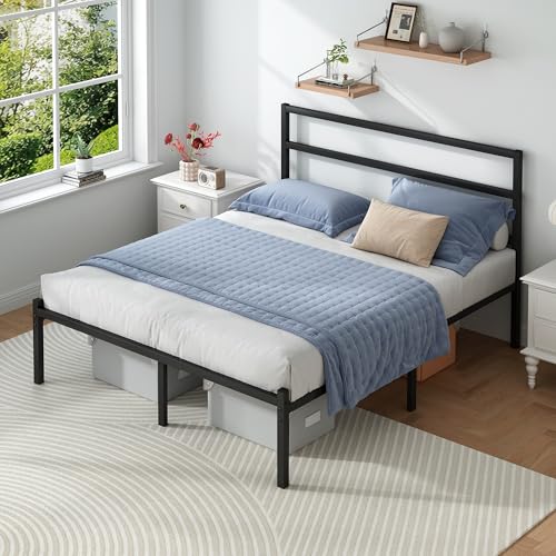 Full Size Bed Frame - Modern Black Steel Platform Bed with Storage