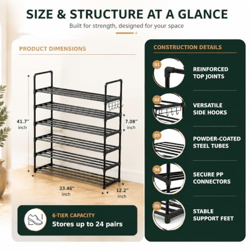6-Tier Metal Shoe Rack with Hooks - Adjustable, Stackable Shoe Organizer for Entryway & Closet - Black