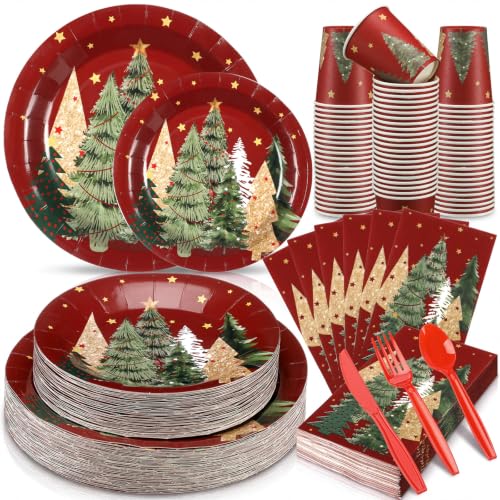 Sinmoe Christmas Tree Paper Plate Napkin Dinnerware Set - Red & Green