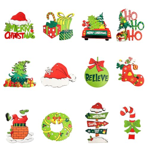 36Pcs Wooden Christmas Ornaments Set - 12 Retro Cartoon Styles Red & Green Indoor Holiday Decor