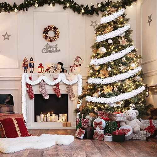 DIYDEC 5pcs 33ft Christmas Tinsel Garlands,Xmas White Glittering Hanging Tinsel Garland Metallic for Christmas Party Decoration