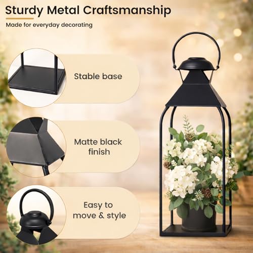 Round Top Black Metal Lanterns Set of 3 Outdoor Indoor Candle Holders - 20, 15.7, 12 Inches with Handle