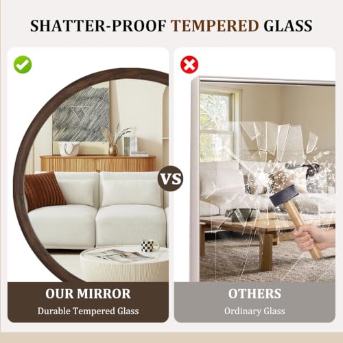 WallBeyond 28 Inch Walnut Round Mirror - Modern Wall Decor for Bathroom, Entryway, Living Room & Bedroom