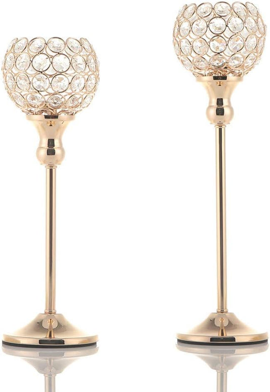Gold Crystal Candle Holders Set of 2 - Elegant Pillar Candlesticks for Weddings & Home Decor