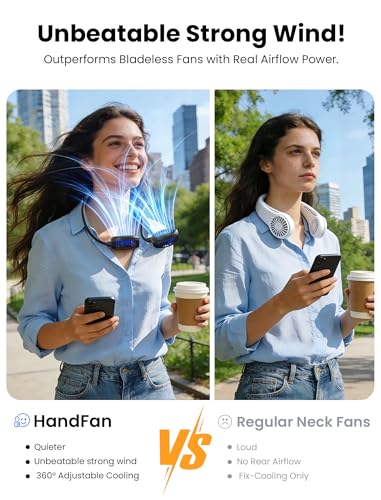 Neck Fan with 10000mAh Battery, 360° Rotation Hands-Free Wearable Portable Fan - Black & Blue