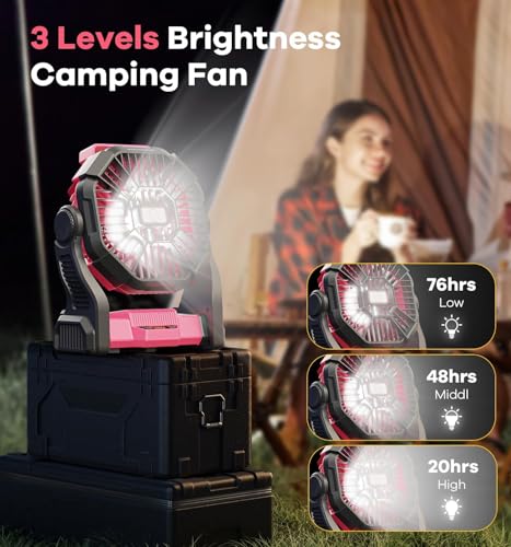 Pink Portable Battery-Powered Camping Fan with LED Light & 20,000mAh Power Bank
