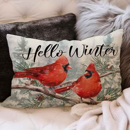 Hello Winter Cardinal Lumbar Decorative Throw Pillow Cover 12 x 20, Rectangular Red Birds Branch Outdoor Home Decor, Christmas Snowy Pine Tree Seasonal Sofa Couch Cushion Case