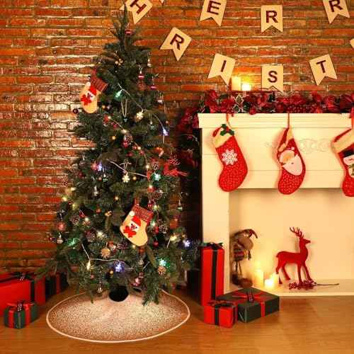 MACTING Christmas Tree Skirt 23 Inch Small Tree Skirt with Glitter Snowcapped Printed Mini Burlap Tree Mat Cover for Christmas Holiday Party Home Indoor Xmas Decorations