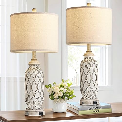Off White Farmhouse Bedside Table Lamps Set of 2 with USB Ports, 28 Inch Dimmable Nightstand Lamps for Bedroom & Living Room