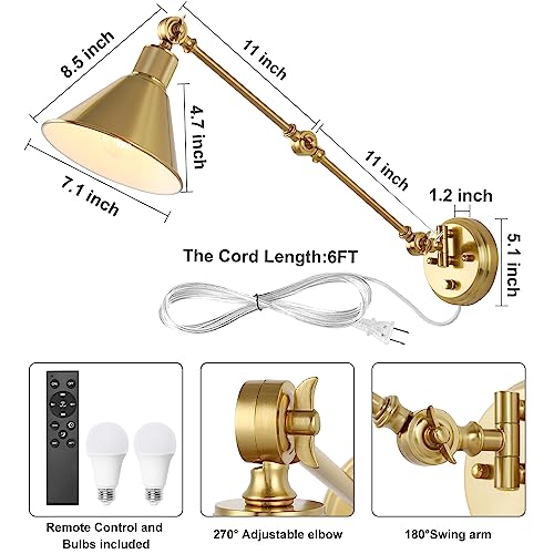 Gold Wall Sconce with Remote Control, Dimmable & Adjustable Color Temperature 2700K-6000K, Swing Arm Plug-In Light - 2 Pack