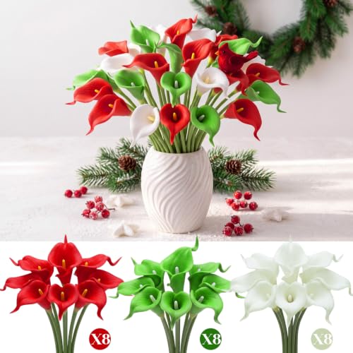 Christmas Artificial Calla Lily Picks, 24 stems in Red/Green/White - 13in