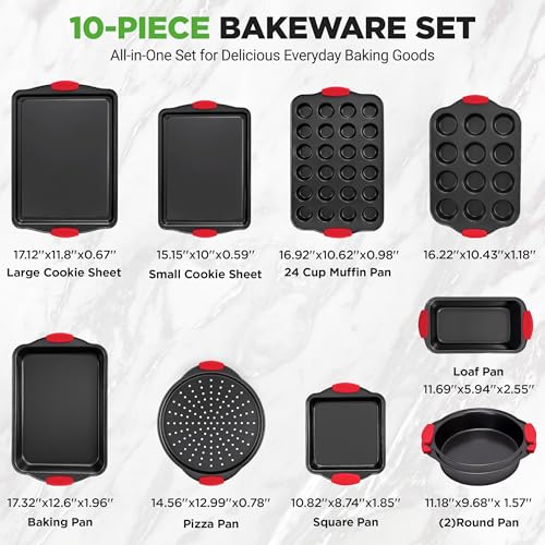 10-Piece Nonstick Bakeware Set - Carbon Steel Oven & Muffin Pans with Silicone Handles