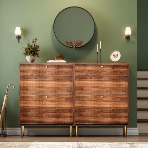 Midnight Walnut Fluted Shoe Storage Cabinet with Flip Drawers - Narrow Entryway Organizer