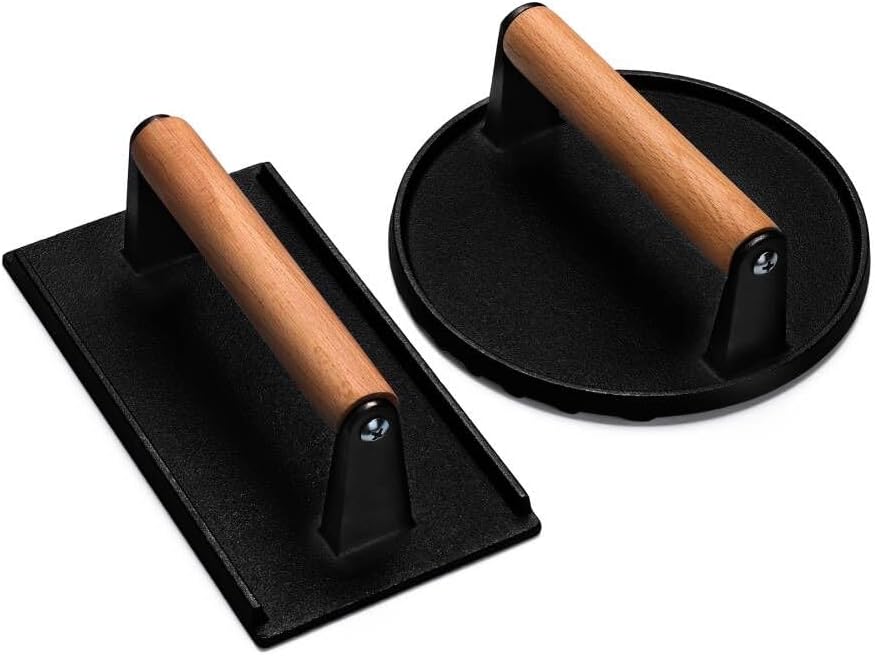Skiennix Burger Press - Heavy-Duty Cast Iron Round & Rectangle with Wood Handle - Perfect for Griddles & Sandwiches