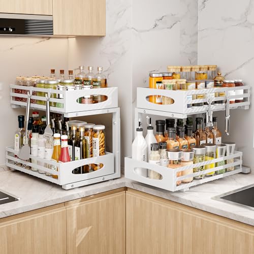 White 2-Pack Under Sink Organizer - 2 Tier Pull-Out Storage Cabinets with Adjustable Height
