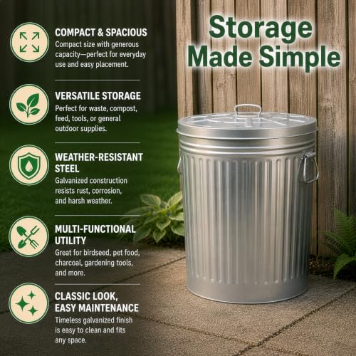 15 Gallon Galvanized Steel Trash Can with Lid Handles for Indoor & Outdoor Use - Weather-Resistant Storage Bucket