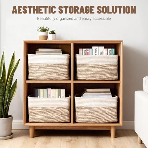Woven Storage Baskets 5 Pack - Khaki & White Decorative Organizers