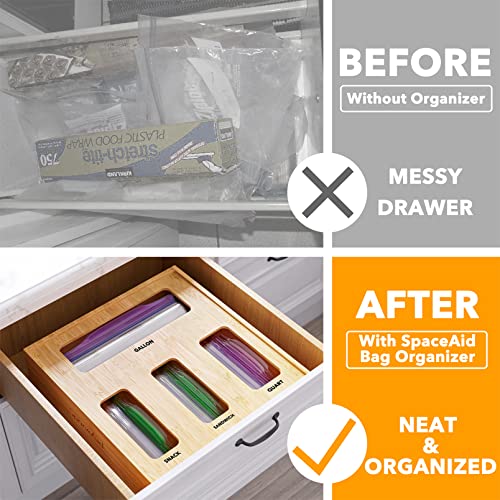 SpaceAid Natural Bamboo Bag Storage Organizer for Kitchen Drawer, 3 Inch Height, 4 Slots