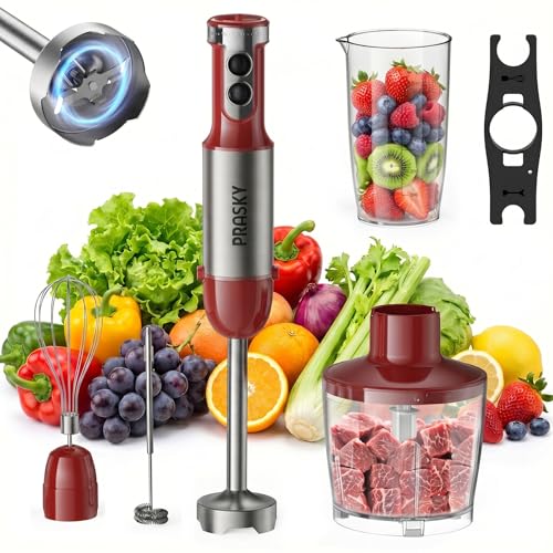 Prasky Red 1200W Handheld Immersion Blender 20-Speed 5-in-1 Kitchen Mixer