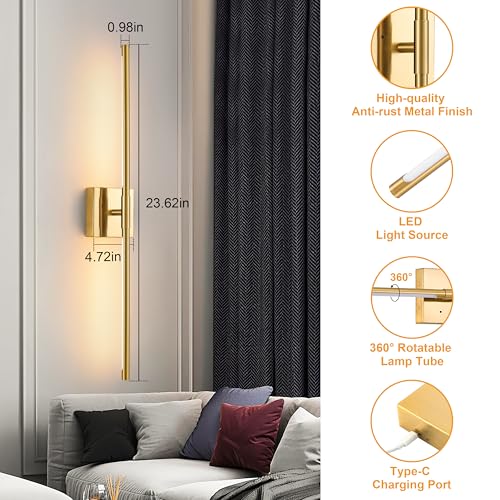 Electroplated Gold Battery Operated Wall Sconce Set of 2 - 24 Inch with Remote - Modern, Dimmable, Adjustable Lighting