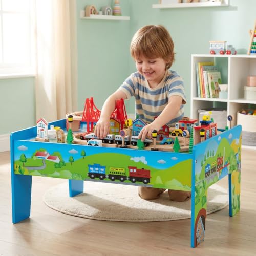 Costzon Wooden Train Table for Kids 32.5 x 23.5 x 16 Inches with 80-Piece Playset, Reversible & Detachable Surface, Multi-Color
