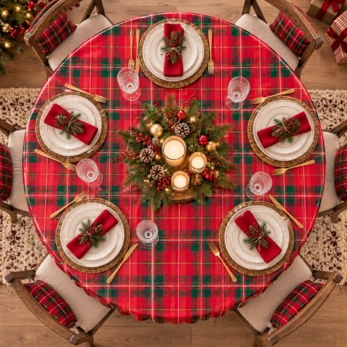 Jectivs 3-Pack 84 Inch Christmas Buffalo Checkered Plaid Disposable Tablecloths - Red & Green Holiday Party Supplies