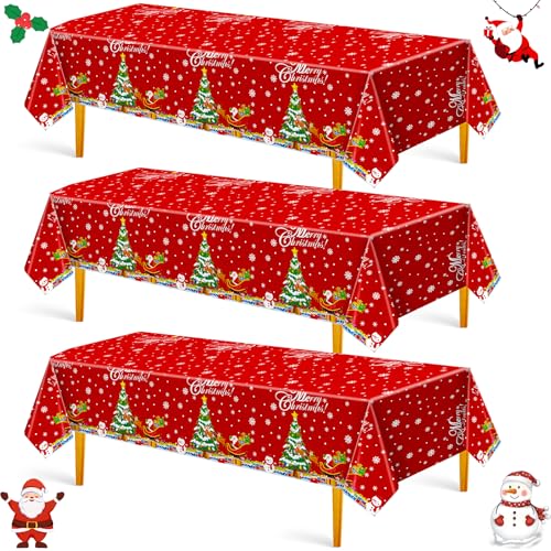 Christmas Tablecloth 3-Pack 54 x 108 in Disposable Plastic – Santa & Snowman Decor for Rectangle Tables