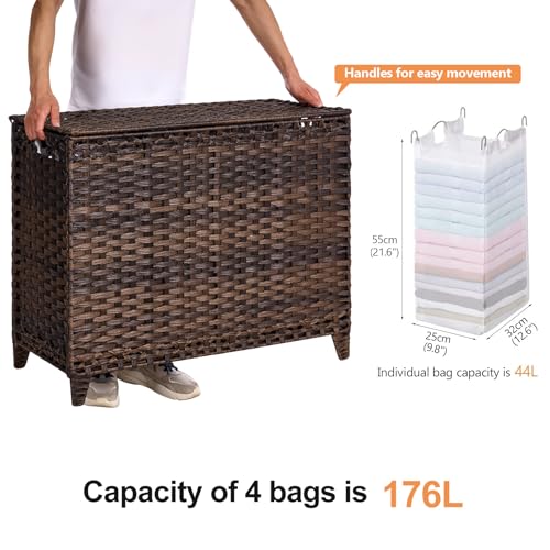 Brown Laundry Hamper with 4 Removable Liner Bags & Lid, 176L Capacity