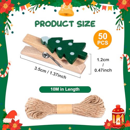 Christmas Tree Mini Wood Clips with Christmas Tree Pattern - 50 Pack for Decorations