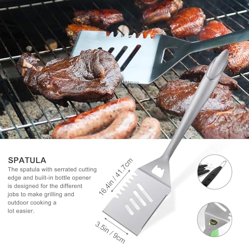 Black Grilljoy 8-Piece BBQ Grill Tools Set with Stainless Steel Spatula, Fork, Tongs & Cleaning Brush - Portable Barbecue Kit for Father's Day