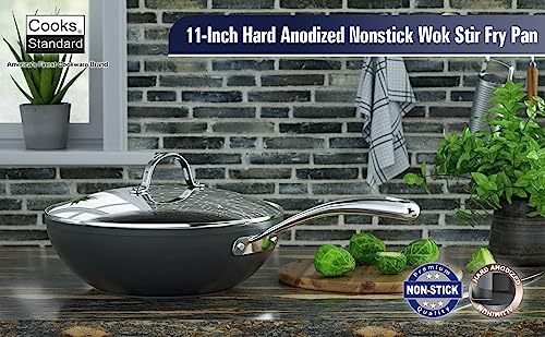 11-Inch Hard Anodized Nonstick Wok Pan with Lid - Heavy-Gauge Stir Fry Pan