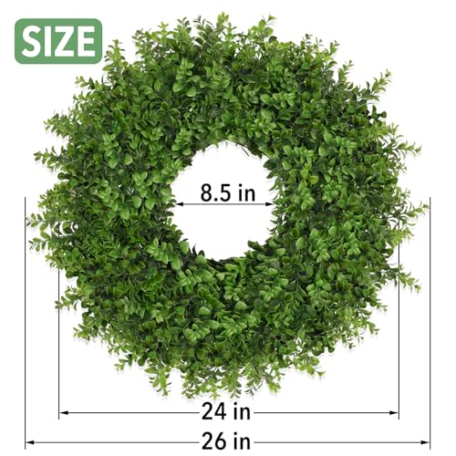 JDKPK 26 Inch Green Boxwoods Wreath for Front Door - Artificial Outdoor & Indoor Greenery, Farmhouse Decor