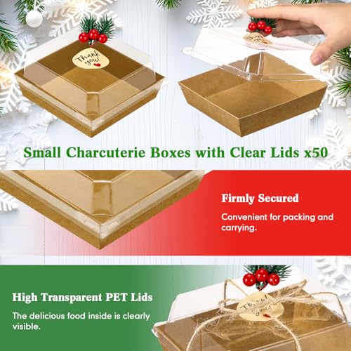 50 Pack Christmas Charcuterie Boxes with Clear Lids, Pine Cones & Thank You Stickers
