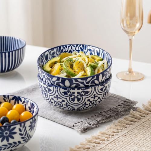 Blue 28oz Ceramic Soup & Cereal Bowls Set of 6 - Bohemian Pattern