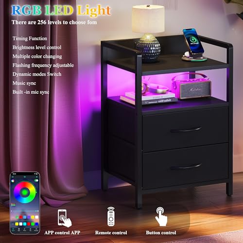 Black LED Nightstand with Charging Station, Storage Drawers & RGB Lighting