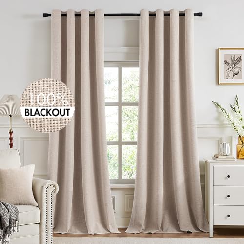 MIULEE Blackout Linen Curtains for Bedroom 52x102 Inches, Beige, Pack of 2