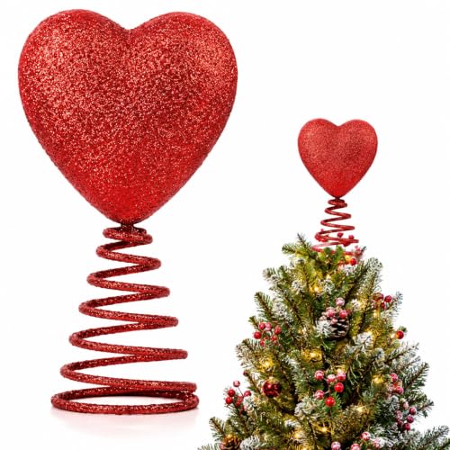 Red Heart Christmas Tree Topper, Glitter Mini Holiday Decoration