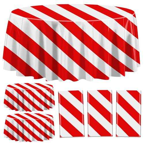 Red and White Stripe Tablecloths for Round Table, Carnival Theme Party Decorations, 84'' x 84'' Plastic Table Cover for Circus Party, Movie Night, Birthday, Christmas, Baby Shower, Wedding (3)