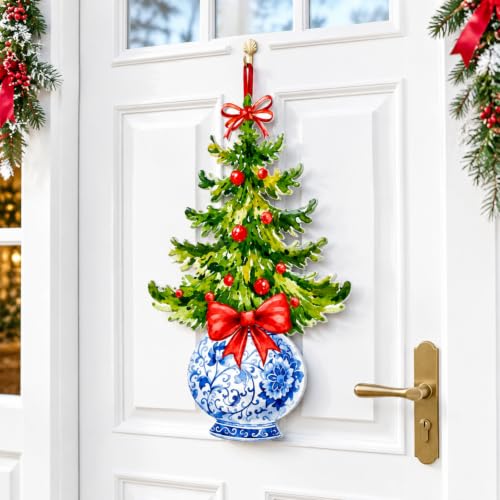 RattanView Chinoiserie Christmas Door Hanger 13.98 x 20.63 in, Red Bow