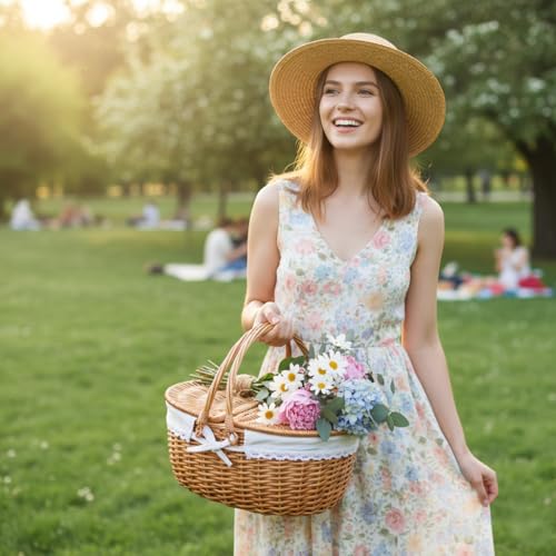 Wicker Picnic Basket with Lid and Handle - 15 Inch Solid Woven Body for Outdoor Camping & Easter