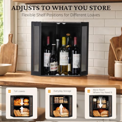 Corner Bread Box - Extra Large 2-Tier Bamboo Storage with Adjustable Shelf - Black