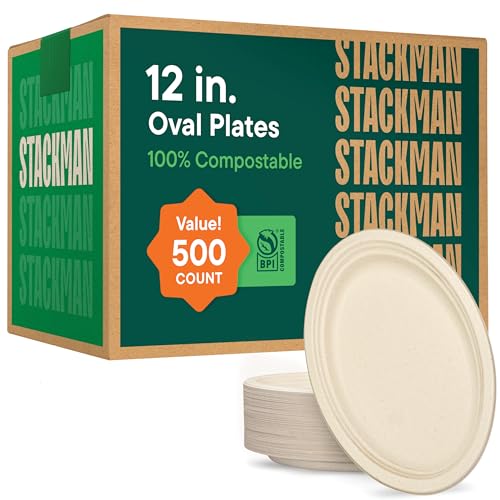 Heavy Duty 12.5 Inch Compostable Oval Paper Plates - 500 Pack, Eco-Friendly, Biodegradable