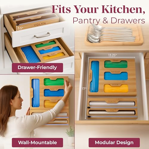 Natural Bamboo Food Storage Bag Organizer with Dispenser & Detachable Design
