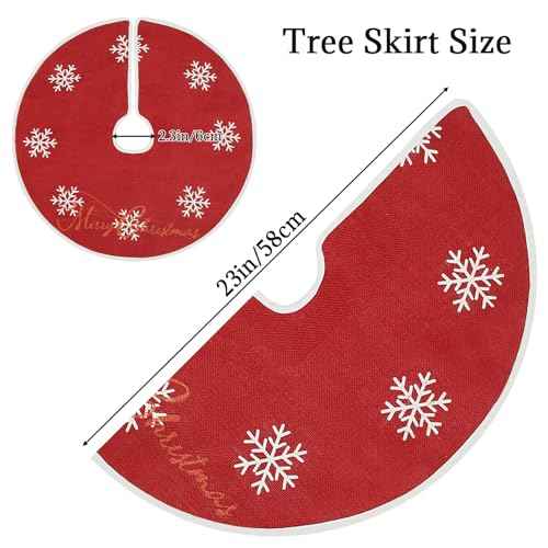MACTING Small Christmas Tree Skirt 23 Inch Red Mini Tree Skirt with 8 White Snowflake Burlap Tree Mat Cover for Xmas Holiday Indoor Home Christmas Tree Decor