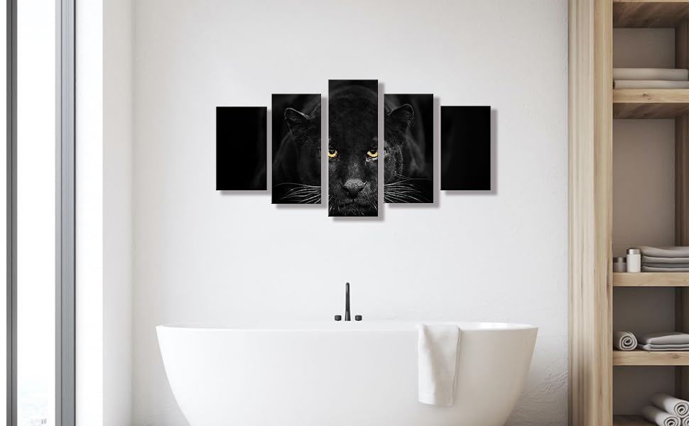 SEVEN WALL ARTS Black Panther Canvas Wall Art Wildlife Animals Pictures 5 Pieces Black and White Leopard Poster Print Framed Artwork for Living Room Bedroom Office Wall Decor