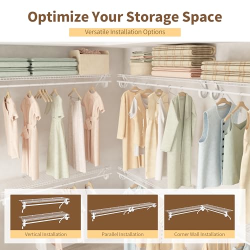 PROWORX 4 ft x 12 in Wall Mounted Closet Shelves with Hanging Rod - 2 Pack White Wire Storage Kit