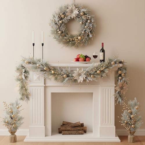 Champagne Christmas Decor Set - Snowy Wreaths, Garlands & Tree Ornaments