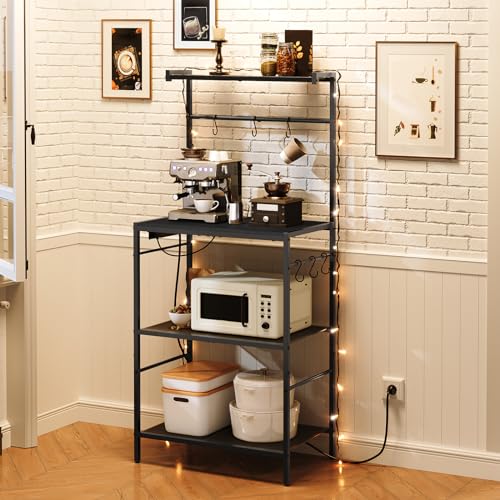 22.4 Inch Black Bakers Rack with Power Outlet, Kitchen Storage Shelf with Hooks
